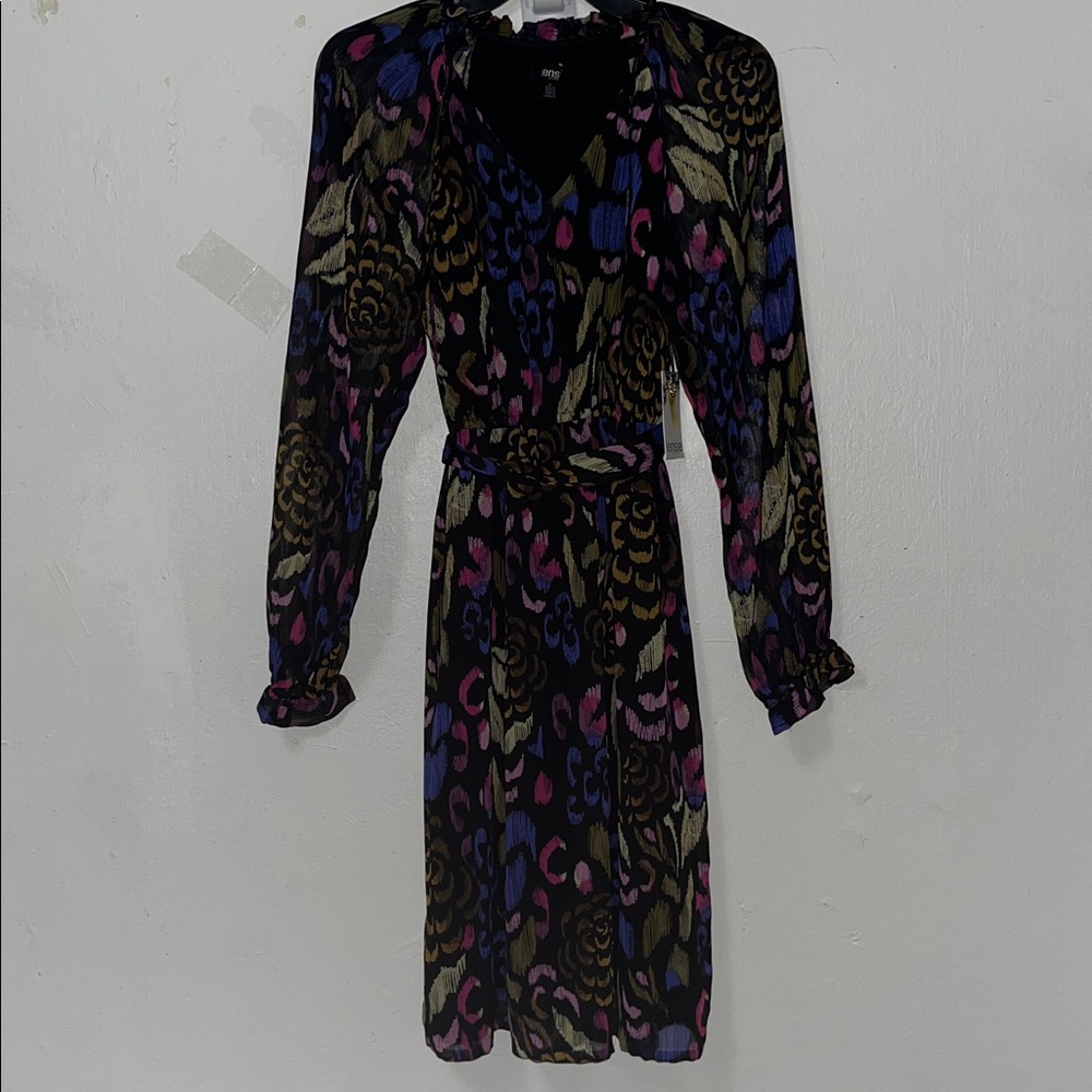 KENSIE DRESSES Womens size 4 Black Tie Ruffled Elastic Waist / cuff floral NWT